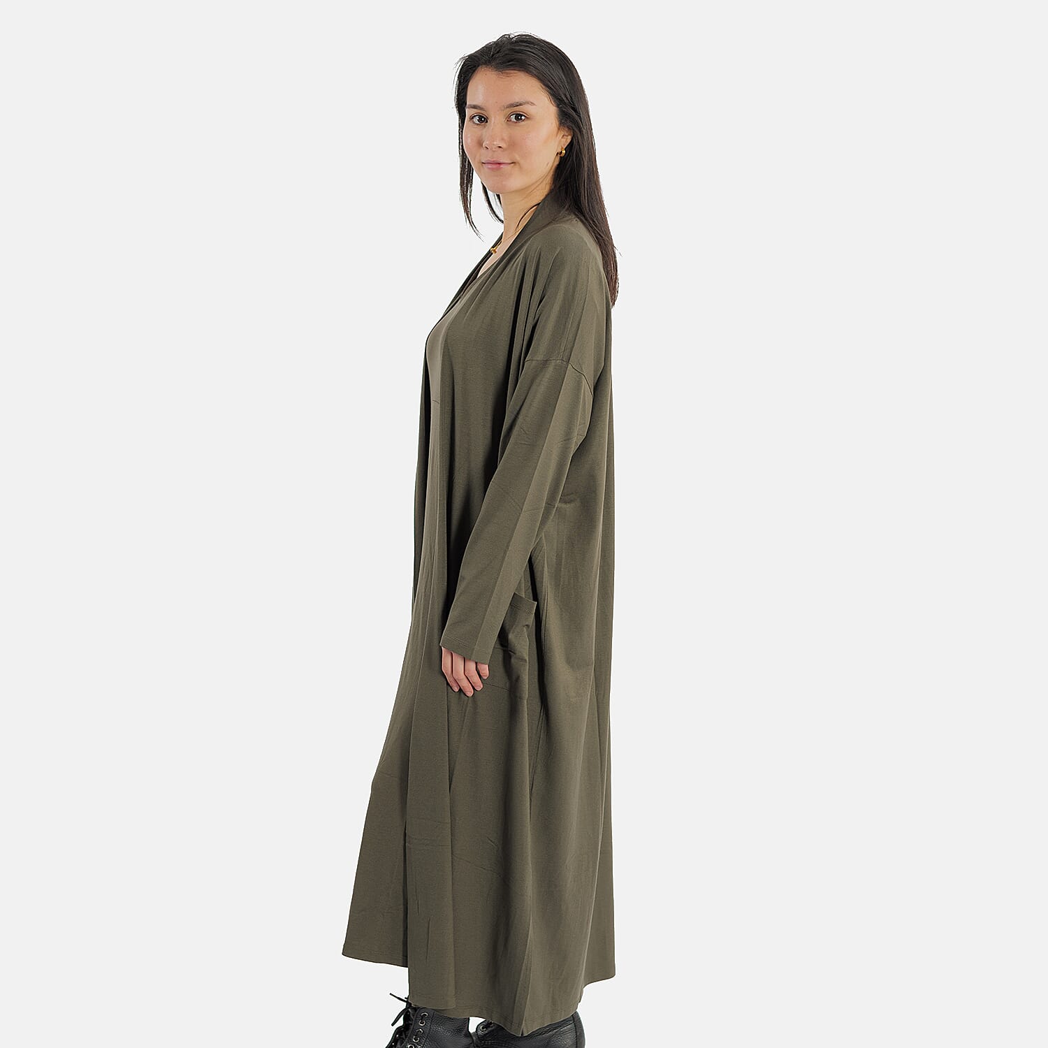 TAMSY Long Viscose Jersey Cardigan with Pocket (Size XL,20-22) - Olive Green