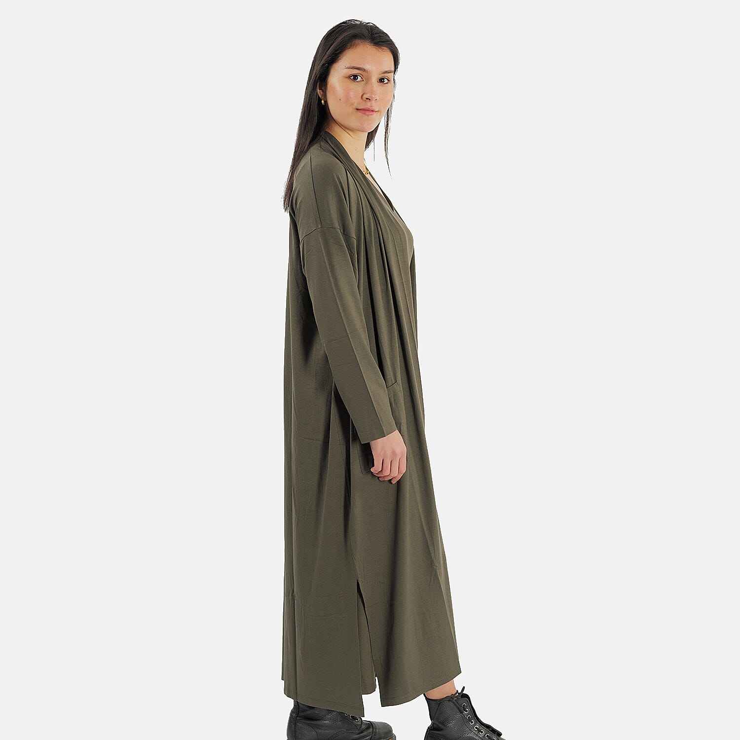 TAMSY Long Viscose Jersey Cardigan with Pocket (Size XL,20-22) - Olive Green