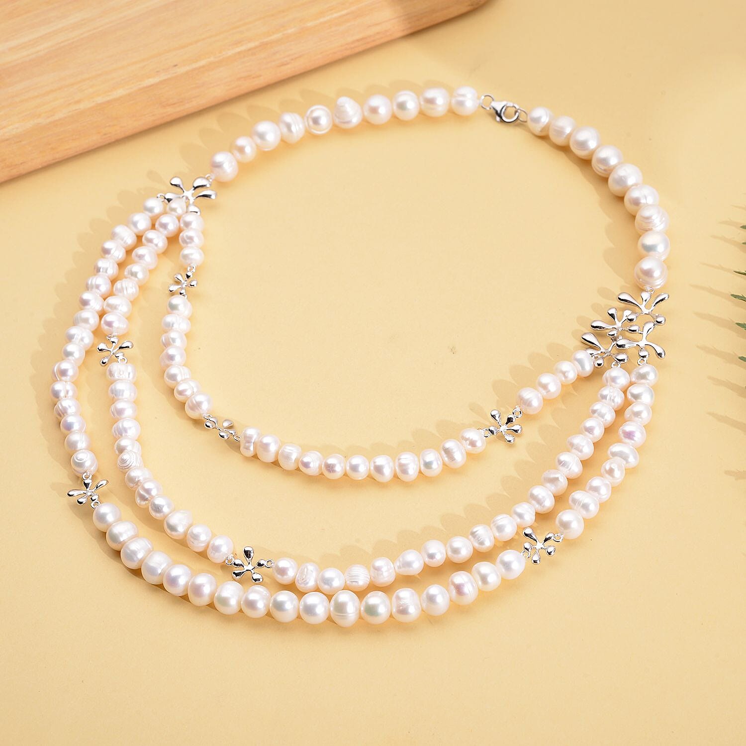 LucyQ Splash Collection - Fresh Water Pearl Vintage Triple Strand Necklace (Size - 20) in Rhodium Overlay Sterling Silver