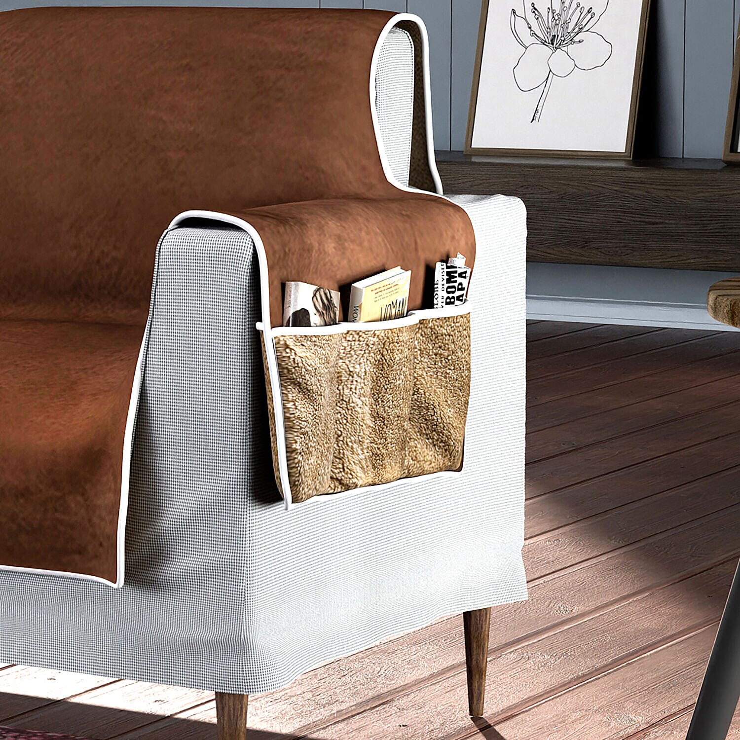 Refresh Your Chair Reversible Suede-Sherpa Sofa Cover with 6 Pockets 1 Seater (Size 196x213 Cm) - Brown & Light Brown