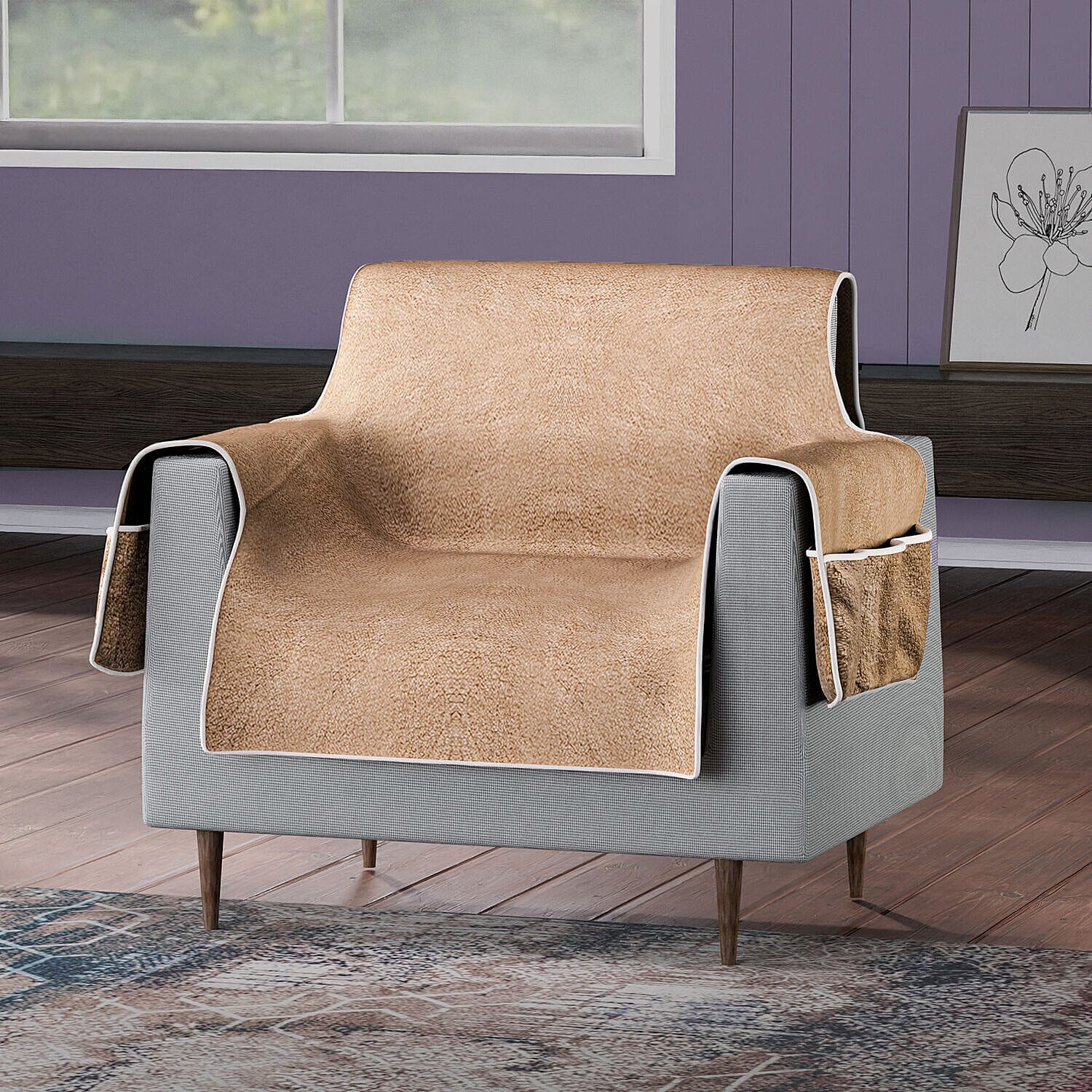 Refresh Your Chair Reversible Suede-Sherpa Sofa Cover with 6 Pockets 1 Seater (Size 196x213 Cm) - Brown & Light Brown