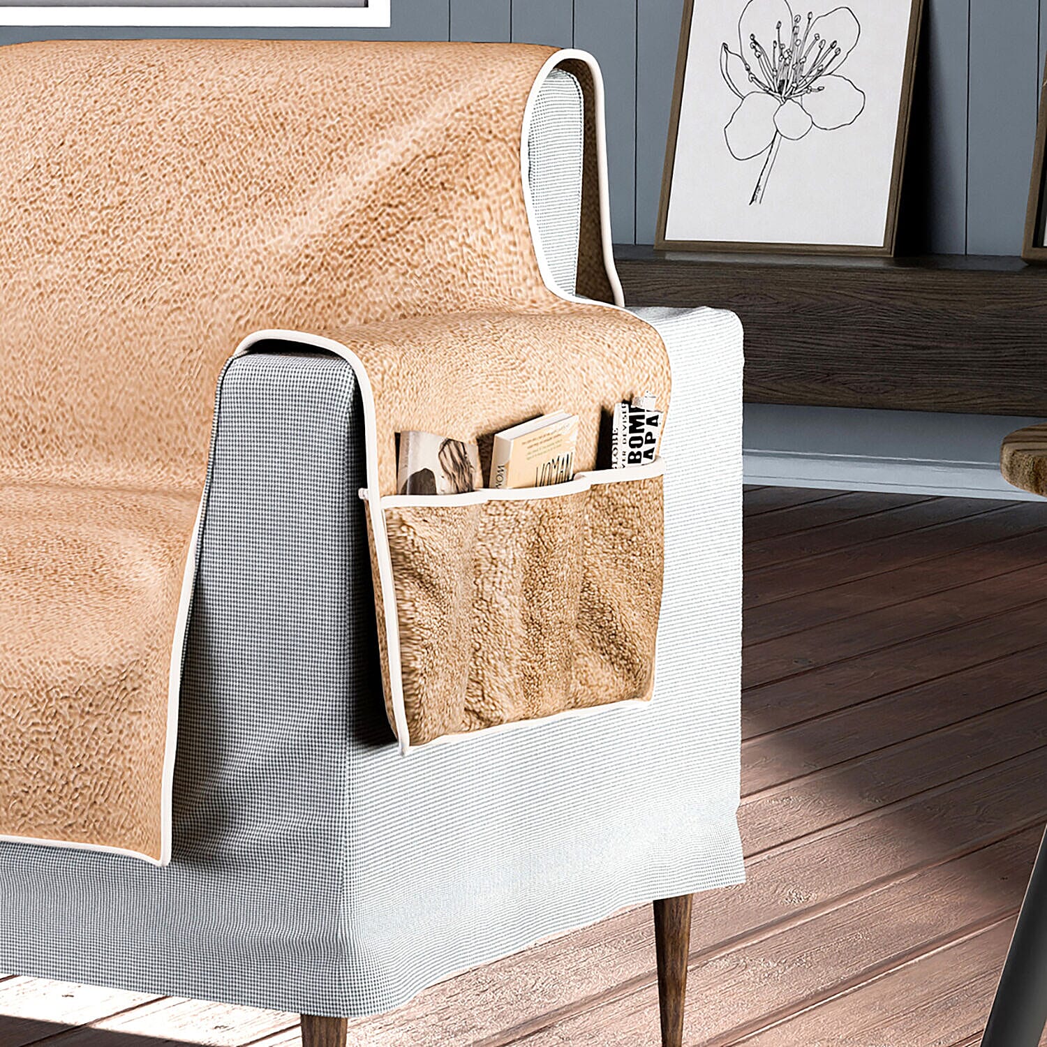 Refresh Your Chair Reversible Suede-Sherpa Sofa Cover with 6 Pockets 1 Seater (Size 196x213 Cm) - Brown & Light Brown