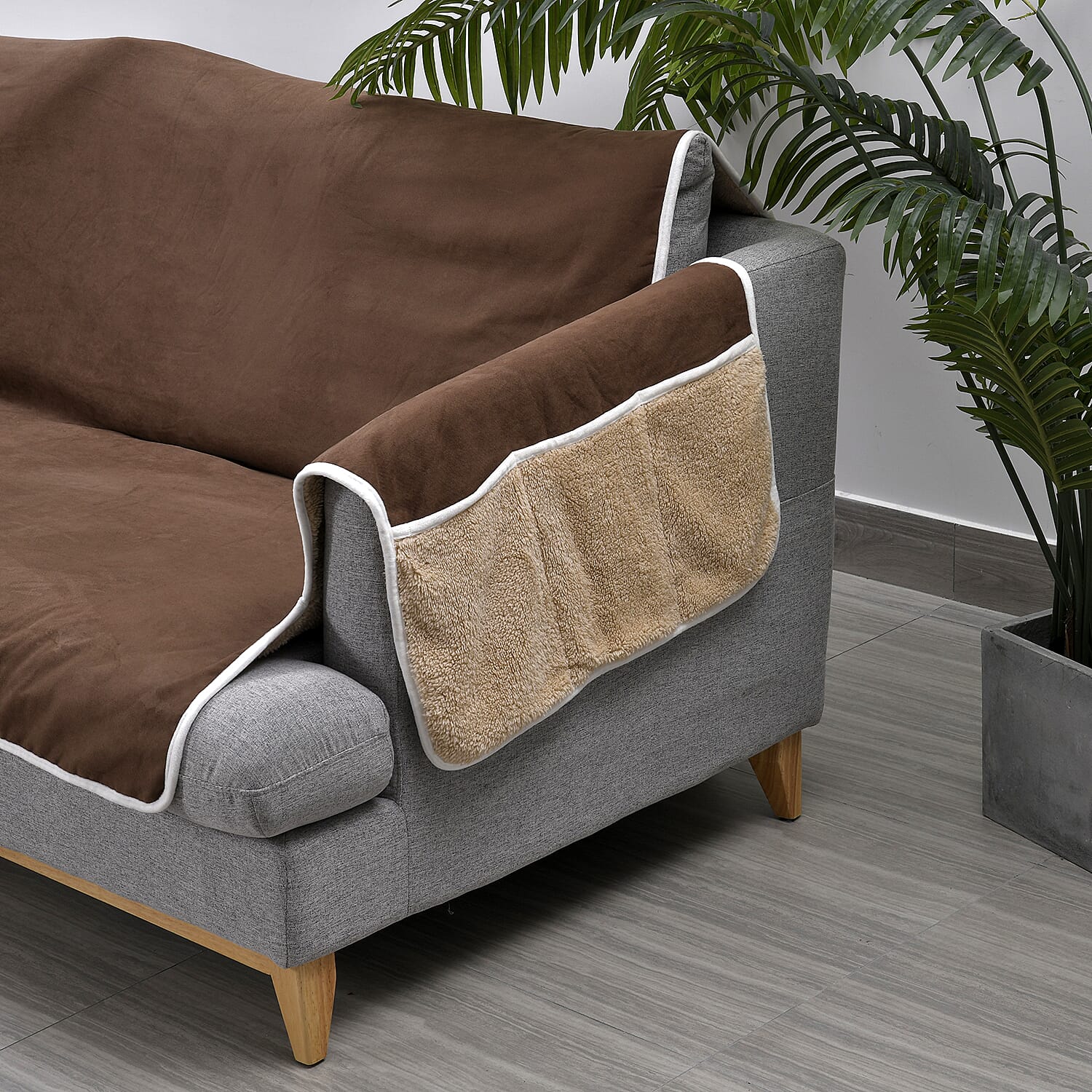 Refresh Your Chair Reversible Suede-Sherpa Sofa Cover with 6 Pockets 1 Seater (Size 196x213 Cm) - Brown & Light Brown