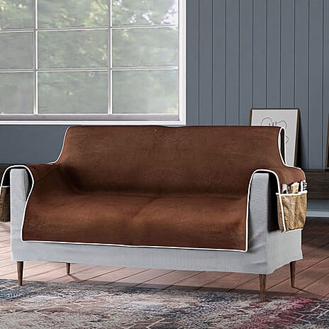 Refresh Your Sofa Reversible Suede-Sherpa Sofa Cover with 6 Pockets 2 Seater (Size 262x213 Cm) - Brown & Light Brown