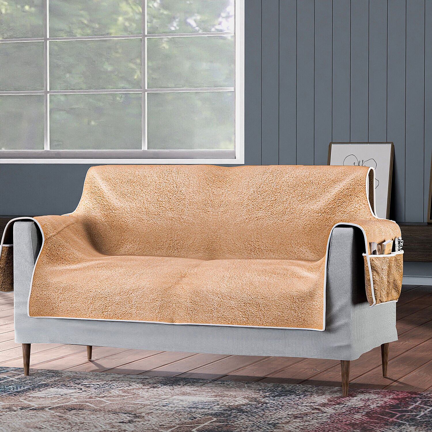 Refresh Your Sofa Reversible Suede-Sherpa Sofa Cover with 6 Pockets 2 Seater (Size 262x213 Cm) - Brown & Light Brown