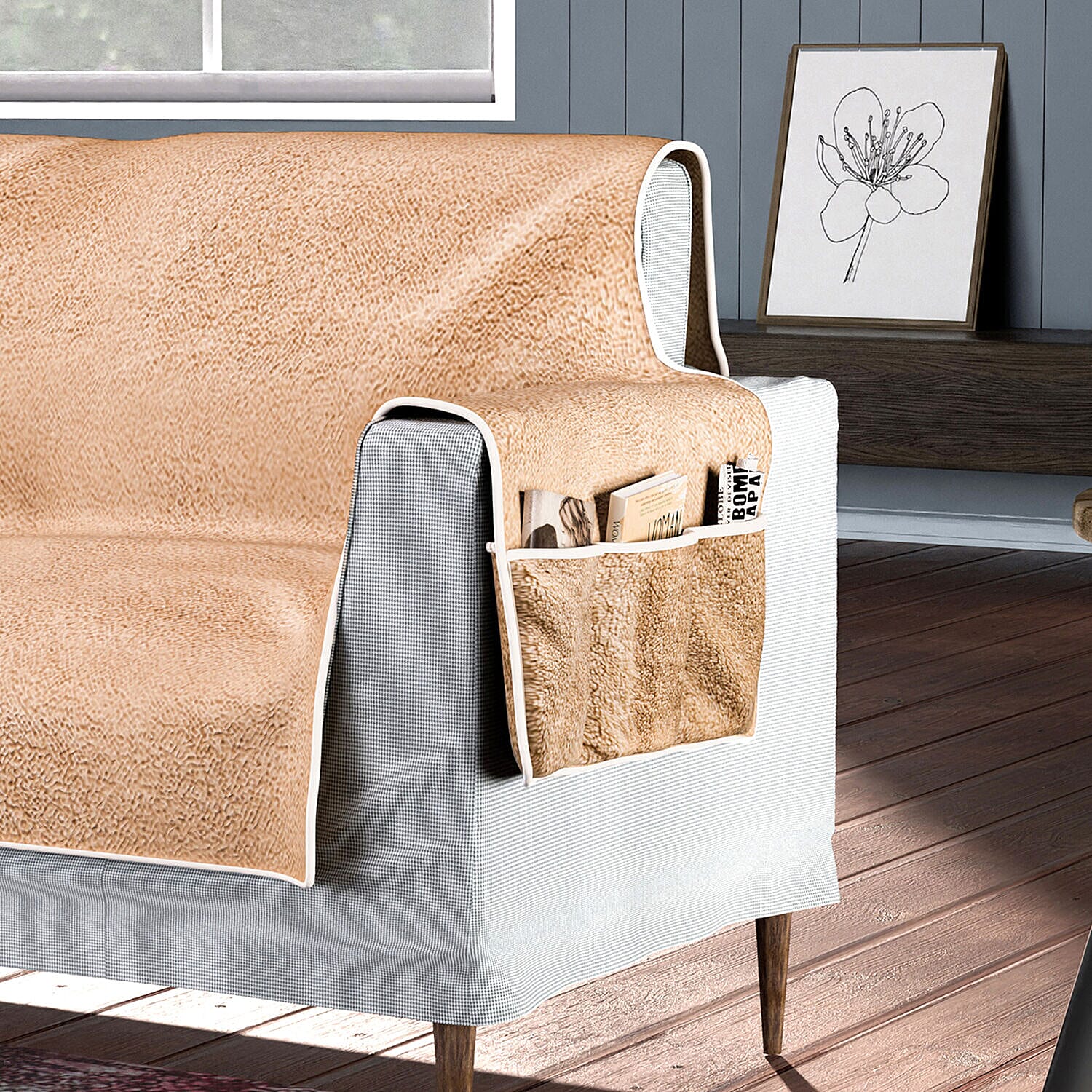 Refresh Your Sofa Reversible Suede-Sherpa Sofa Cover with 6 Pockets 2 Seater (Size 262x213 Cm) - Brown & Light Brown