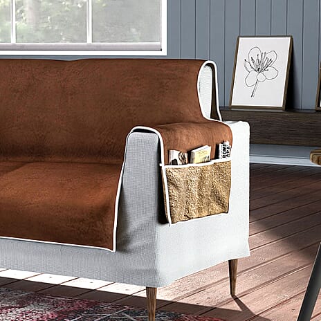 Refresh Your Sofa Reversible Suede-Sherpa Sofa Cover with 6 Pockets 3 Seater (Size 323x213 Cm) - Brown - Light Brown