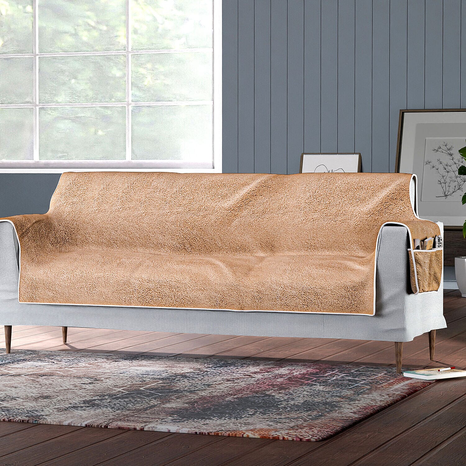 Refresh Your Sofa Reversible Suede-Sherpa Sofa Cover with 6 Pockets 3 Seater (Size 323x213 Cm) - Brown & Light Brown