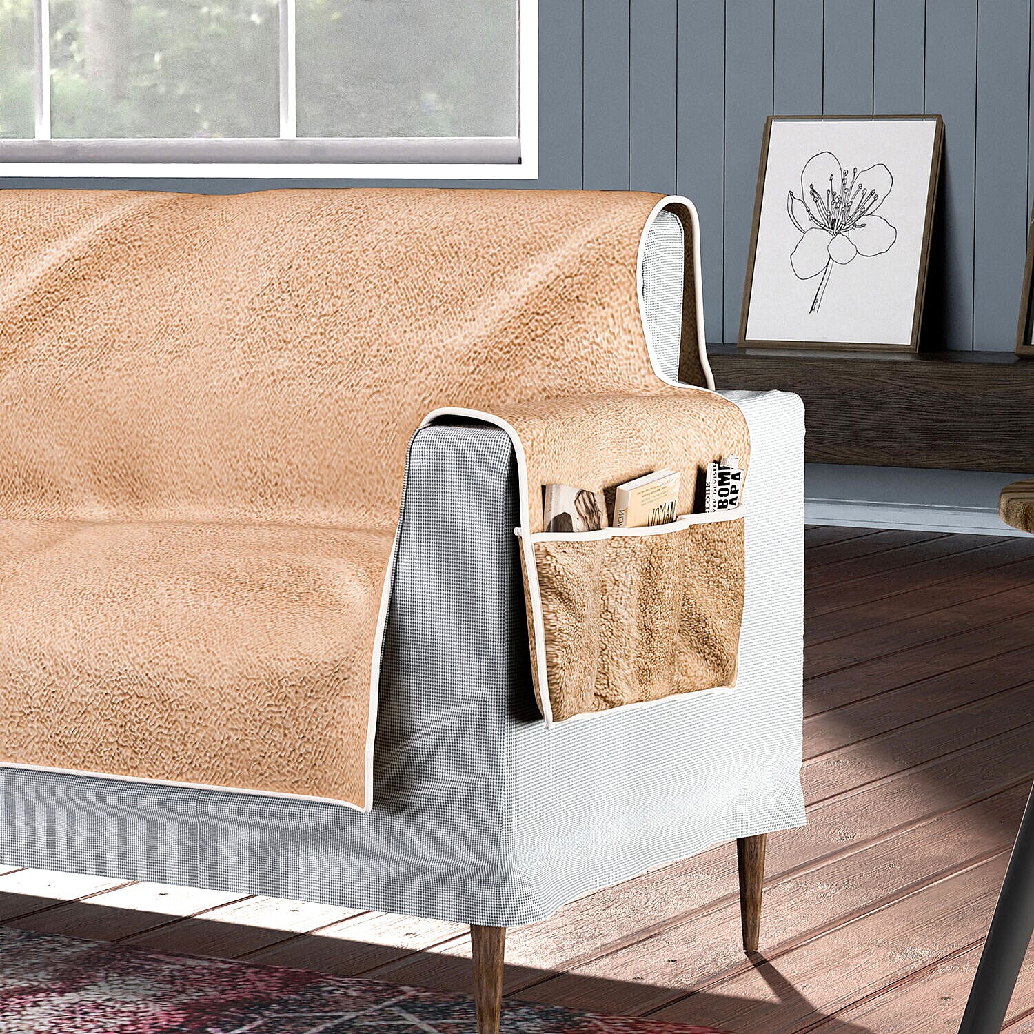 Refresh Your Sofa Reversible Suede-Sherpa Sofa Cover with 6 Pockets 3 Seater (Size 323x213 Cm) - Brown & Light Brown