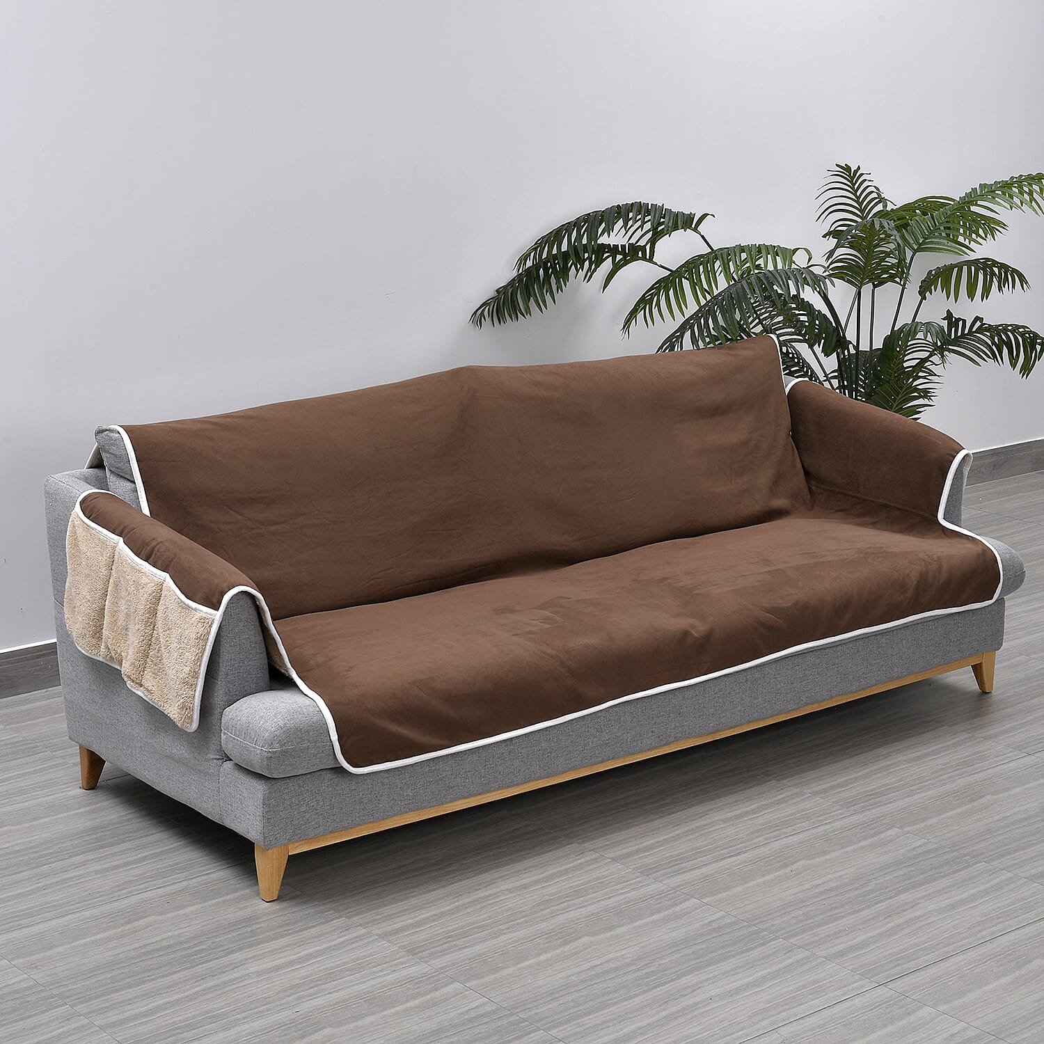 Refresh Your Sofa Reversible Suede-Sherpa Sofa Cover with 6 Pockets 3 Seater (Size 323x213 Cm) - Brown - Light Brown