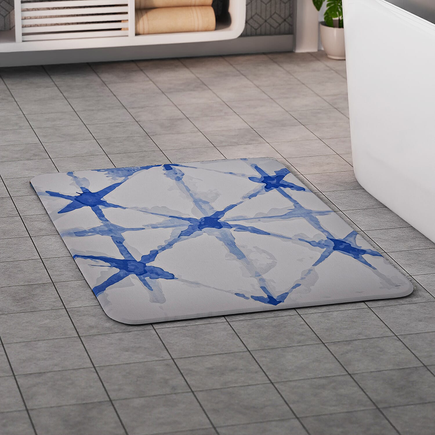 Super Absorbent Geometric Pattern Diatomaceous Earth Bath Mat (Size 60x39 cm) - Blue