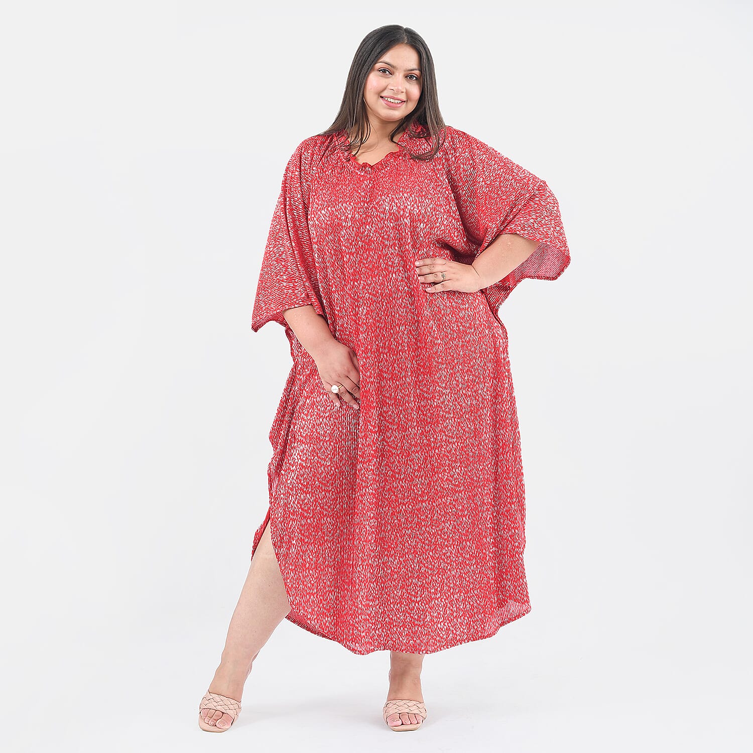 TAMSY Poly Knit Foil Pattern Long Kaftan (One Size) - Red