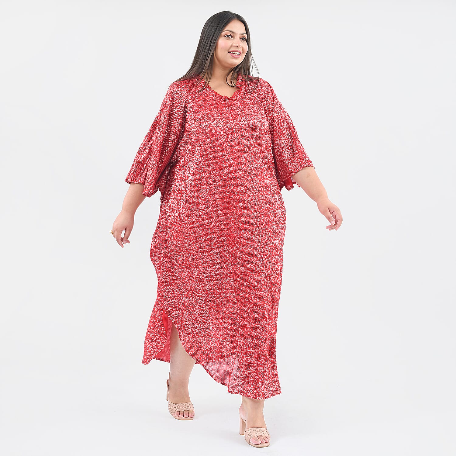 TAMSY Poly Knit Foil Pattern Long Kaftan (One Size) - Red