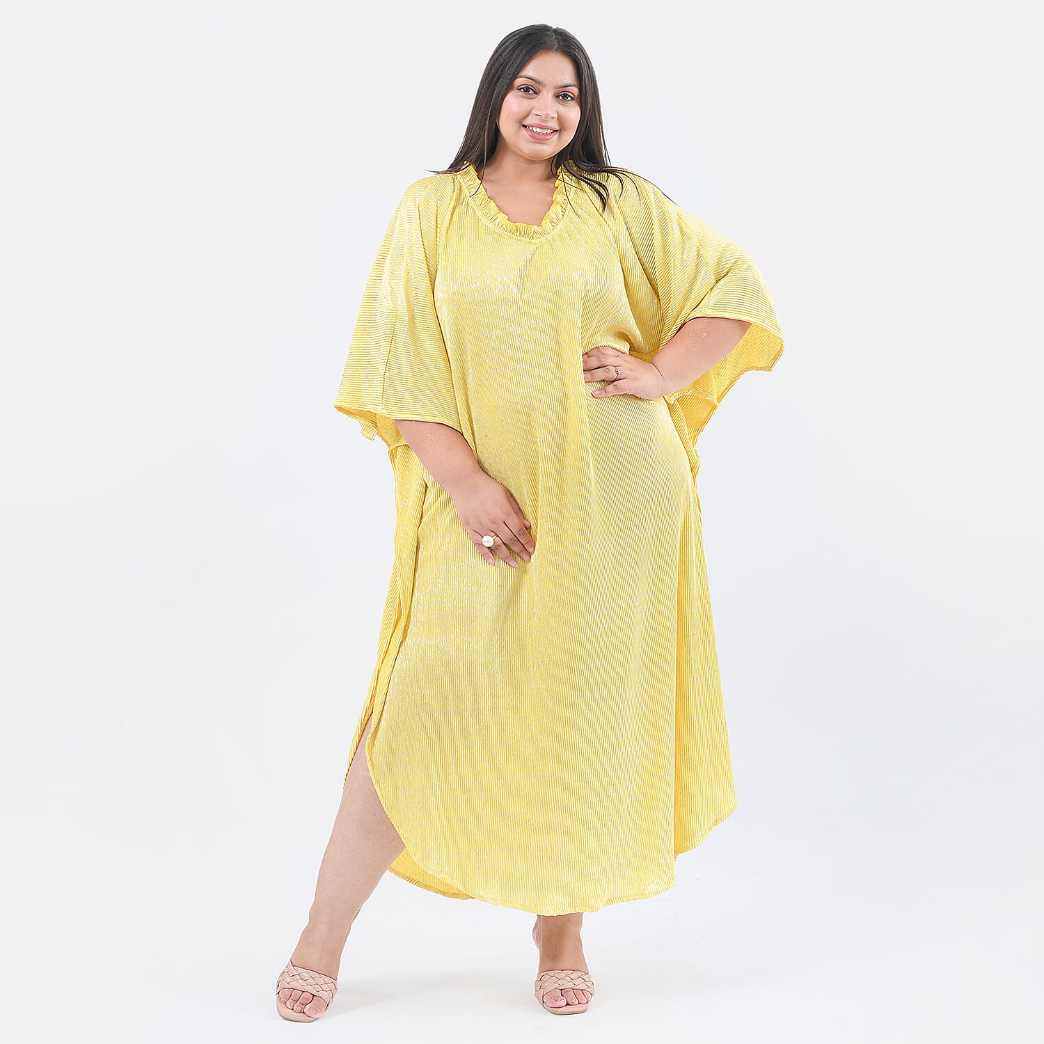 TAMSY Poly Knit Foil Pattern Long Kaftan (One Size) - Golden