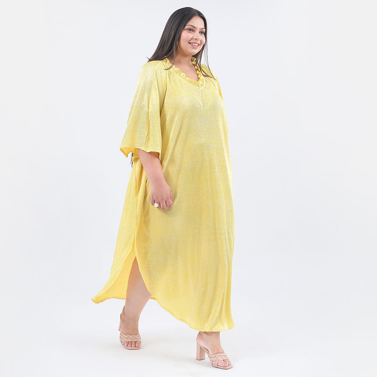 TAMSY Poly Knit Foil Pattern Long Kaftan (One Size) - Golden