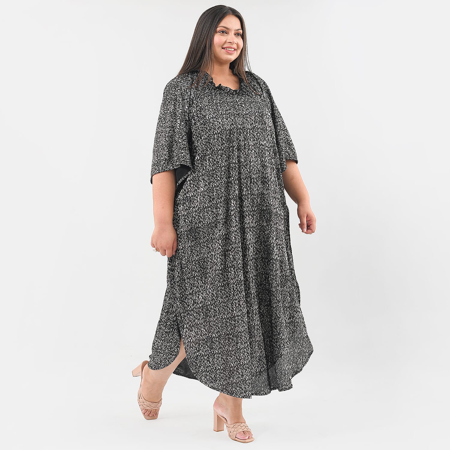 TAMSY Poly Knit Foil Pattern Long Kaftan (One Size) - Black