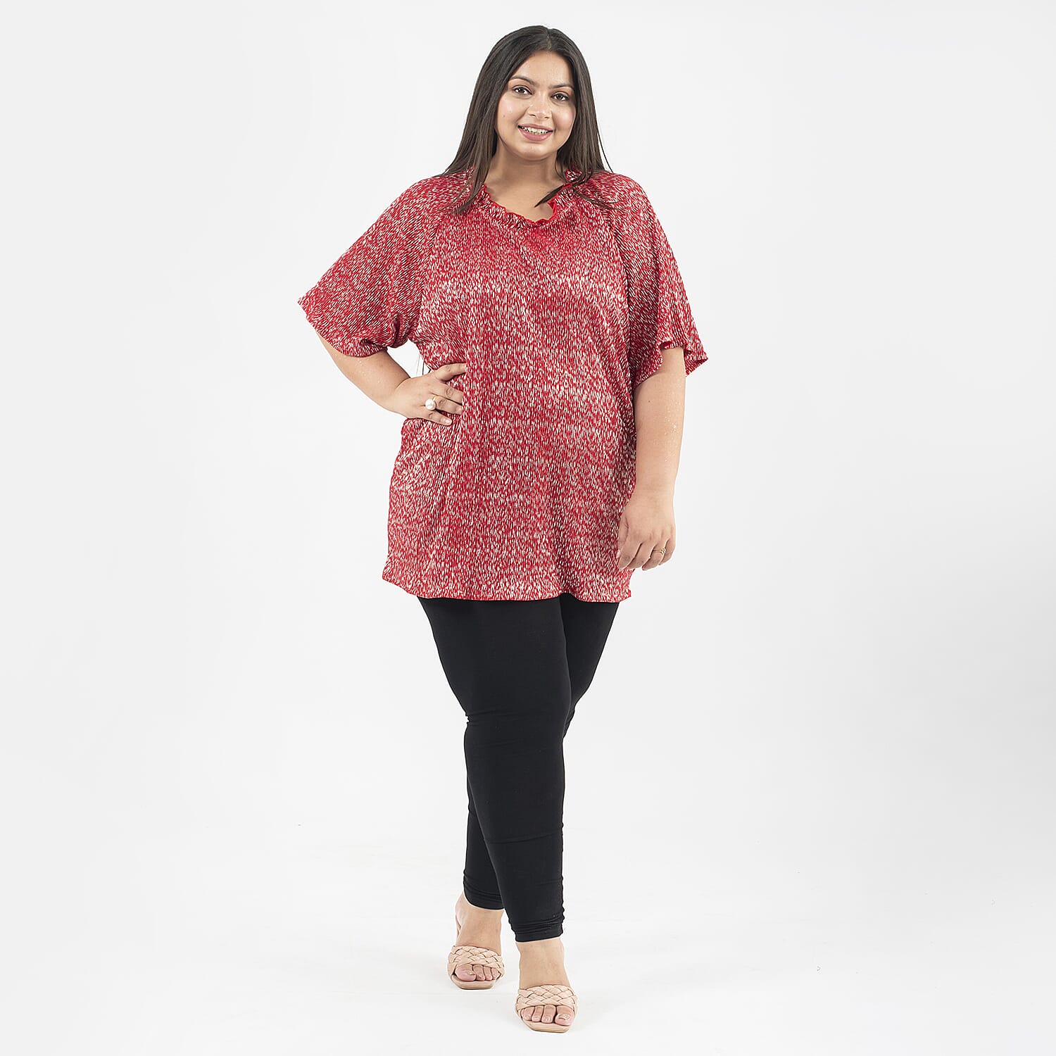 Tamsy Knit Foil Printed Pleated Tunic (One Size) - Red