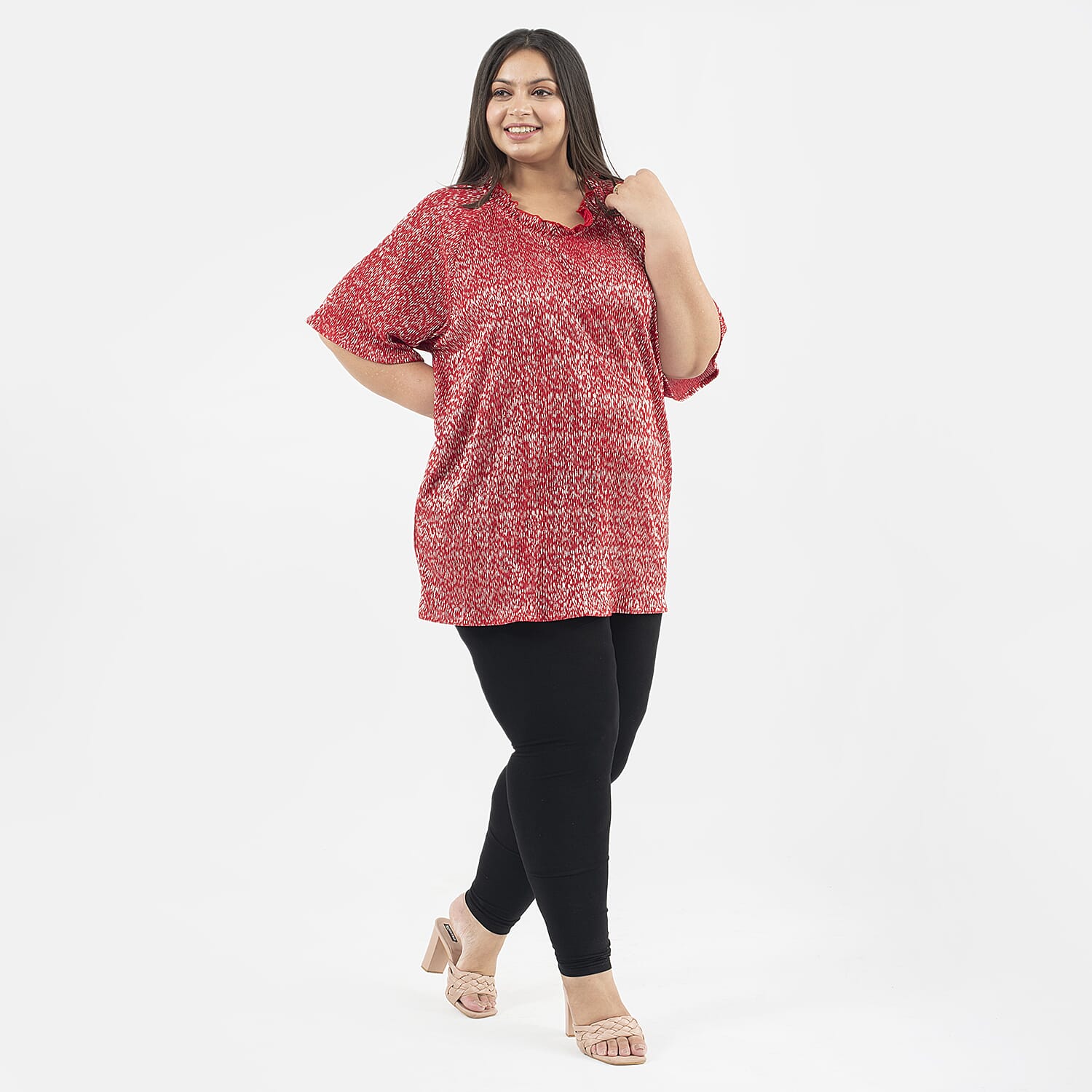 Tamsy Knit Foil Printed Pleated Tunic (One Size) - Red