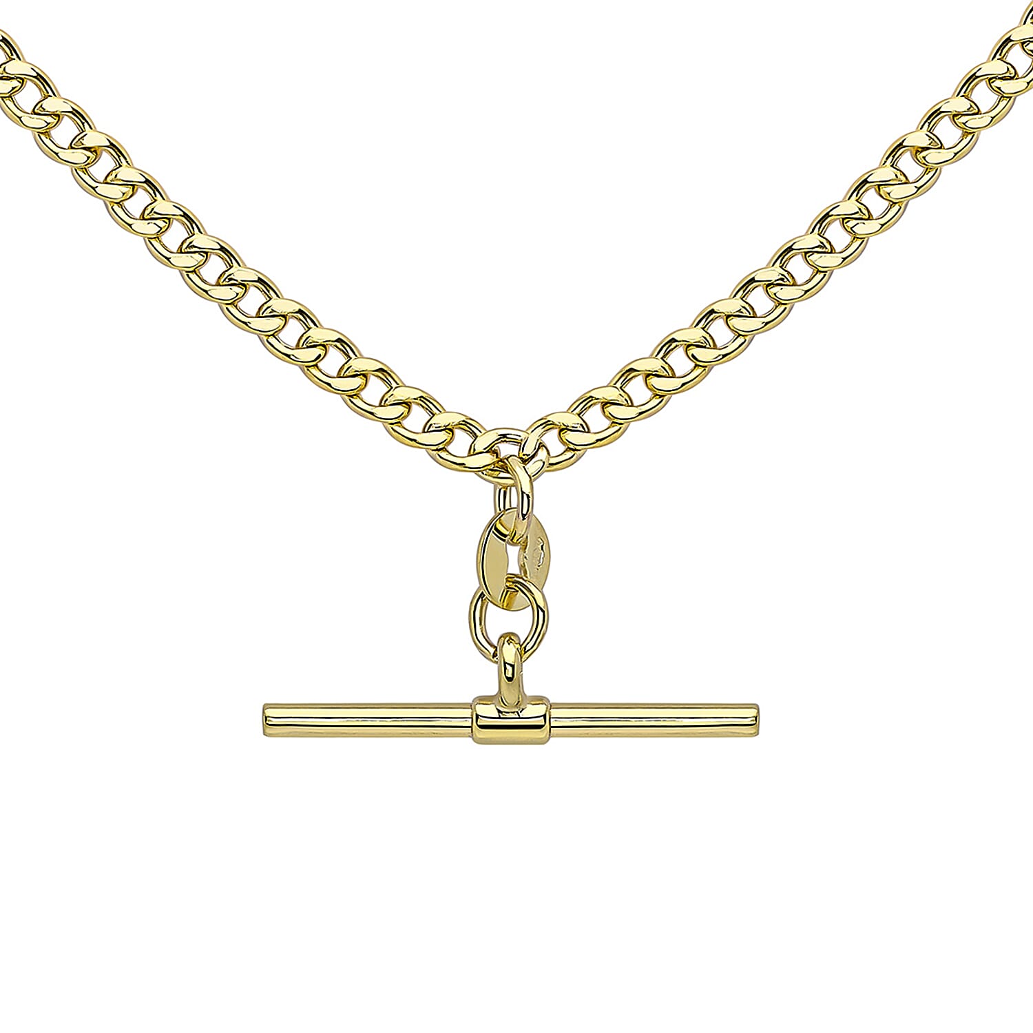 9K Yellow Gold 25mm x 2mm T Bar 80 Hollow Diamond Cut Curb Albert Clasp Necklace 18 Inch
