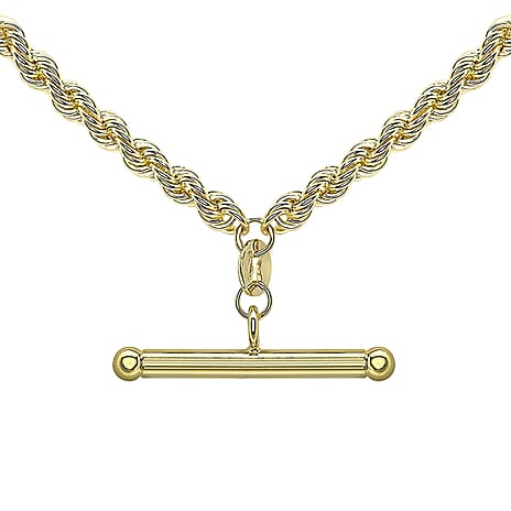 9K Yellow Gold 25.5mm x 3mm T Bar Rope Chain Albert Clasp Necklace 18 Inch