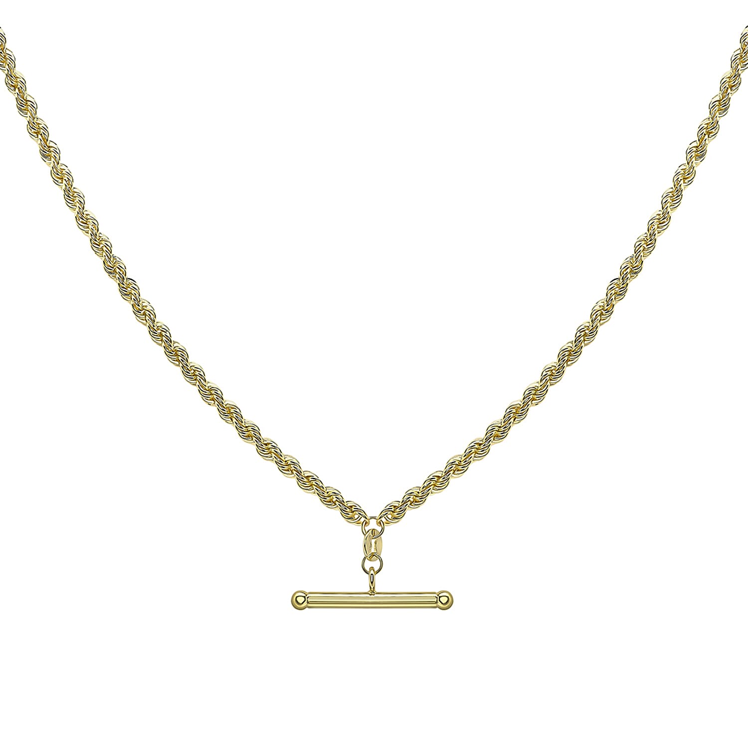 9K Yellow Gold 25.5mm x 3mm T Bar Rope Chain Albert Clasp Necklace 18 Inch