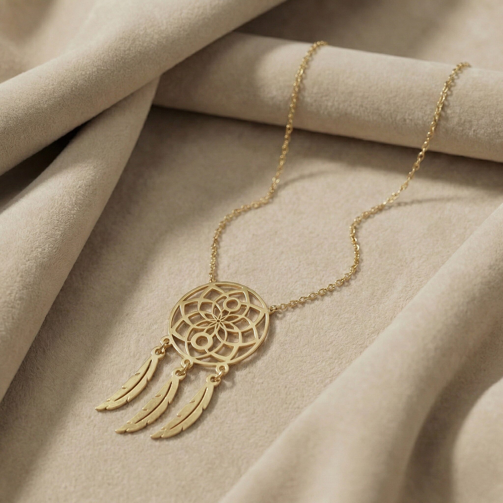 9K Yellow Gold 13.5mm x 26mm Flower Dream Catcher Necklace 16-18 Inch