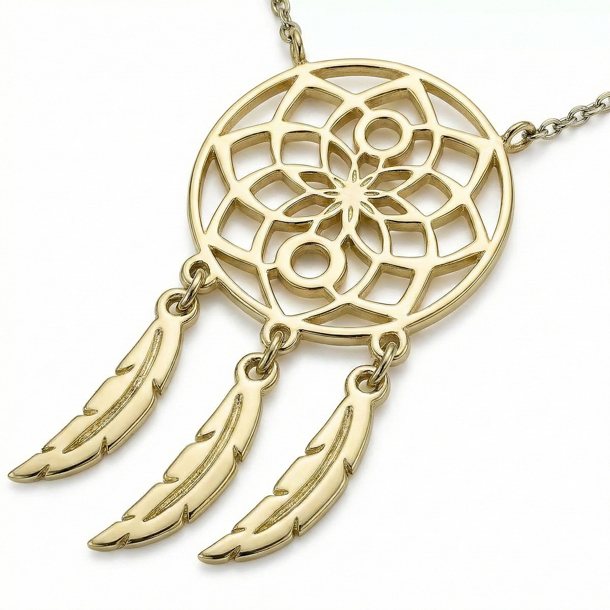 9K Yellow Gold 13.5mm x 26mm Flower Dream Catcher Necklace 16-18 Inch