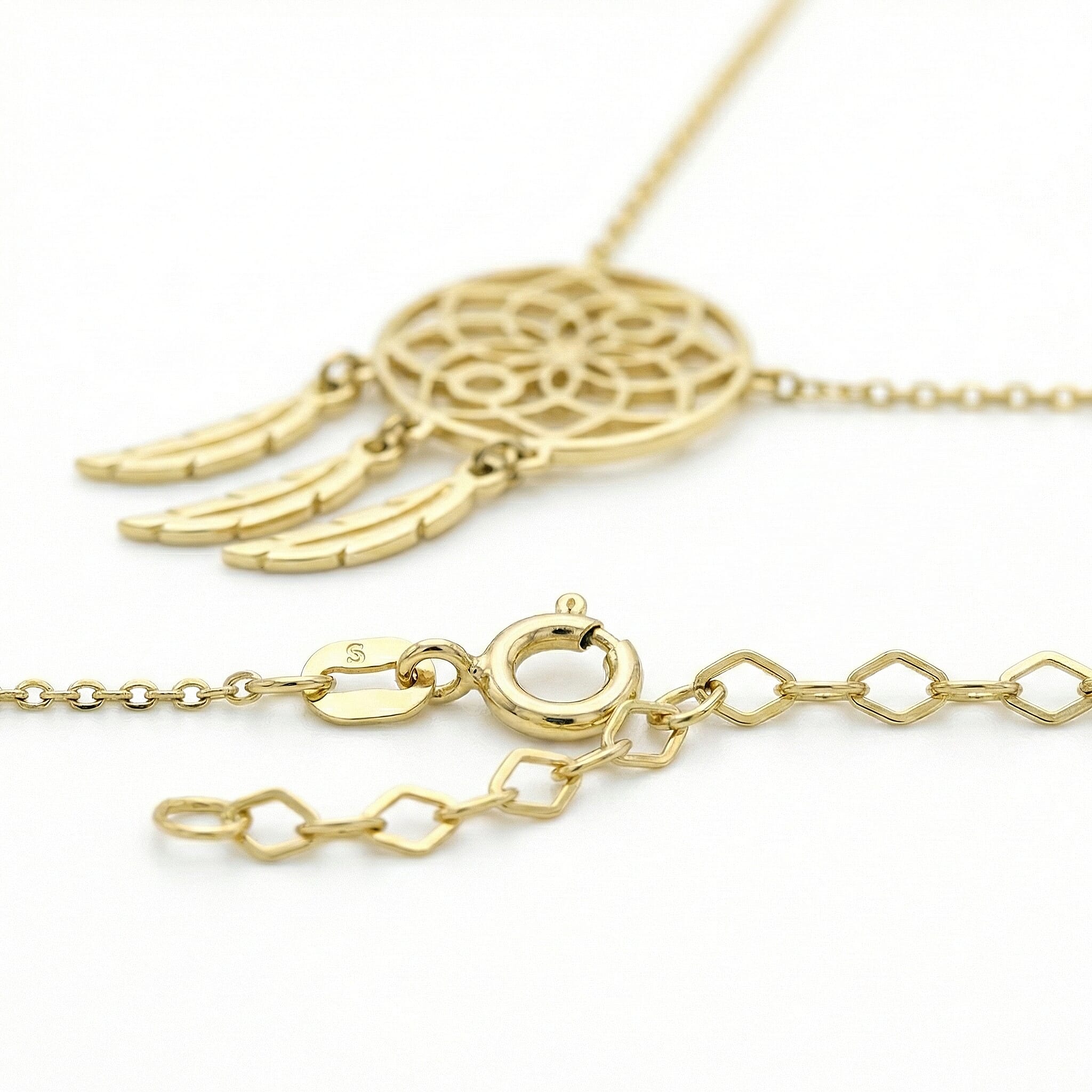 9K Yellow Gold 13.5mm x 26mm Flower Dream Catcher Necklace 16-18 Inch