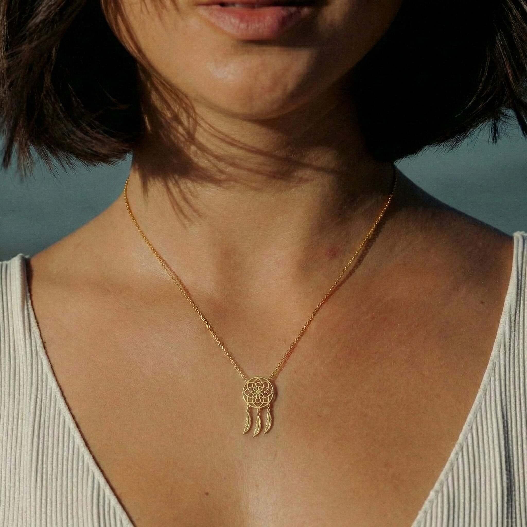 9K Yellow Gold 13.5mm x 26mm Flower Dream Catcher Necklace 16-18 Inch