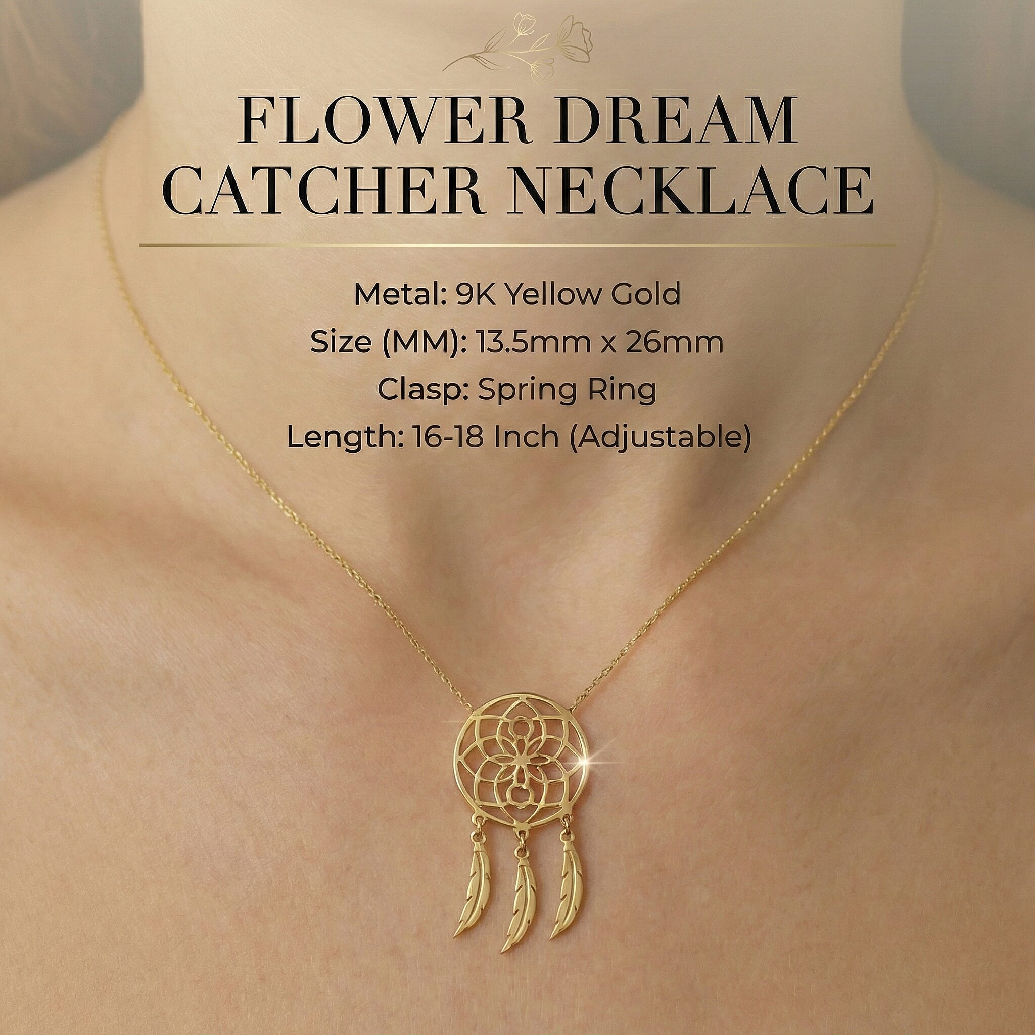 9K Yellow Gold 13.5mm x 26mm Flower Dream Catcher Necklace 16-18 Inch