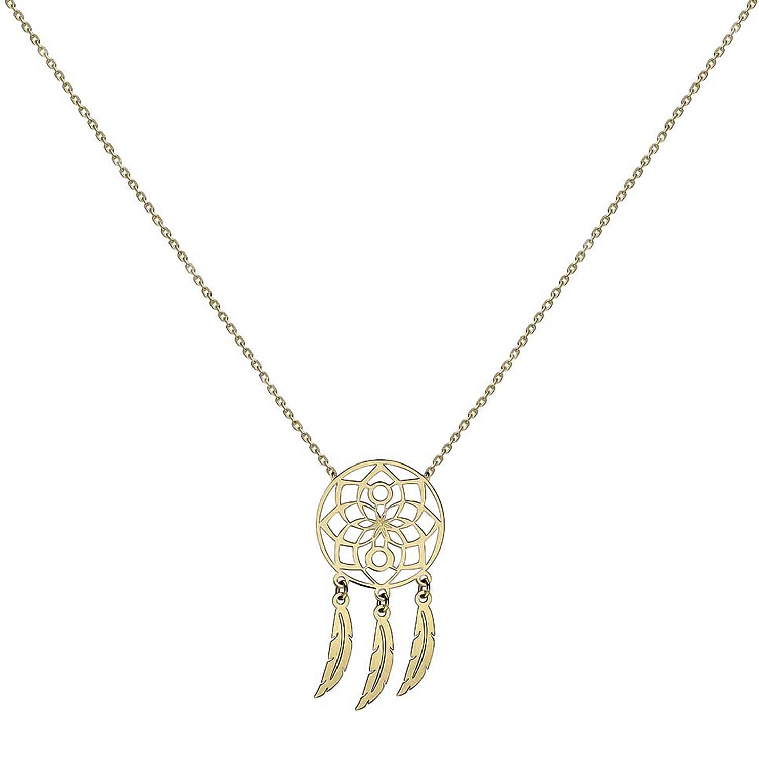 9K Yellow Gold 13.5mm x 26mm Flower Dream Catcher Necklace 16-18 Inch