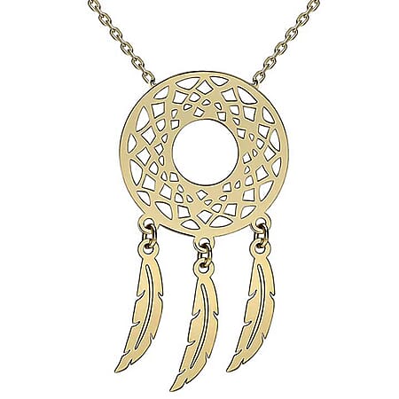 9K Yellow Gold 13.5mm x 26mm Circle Cutout Dream Catcher Necklace 16-18 Inch