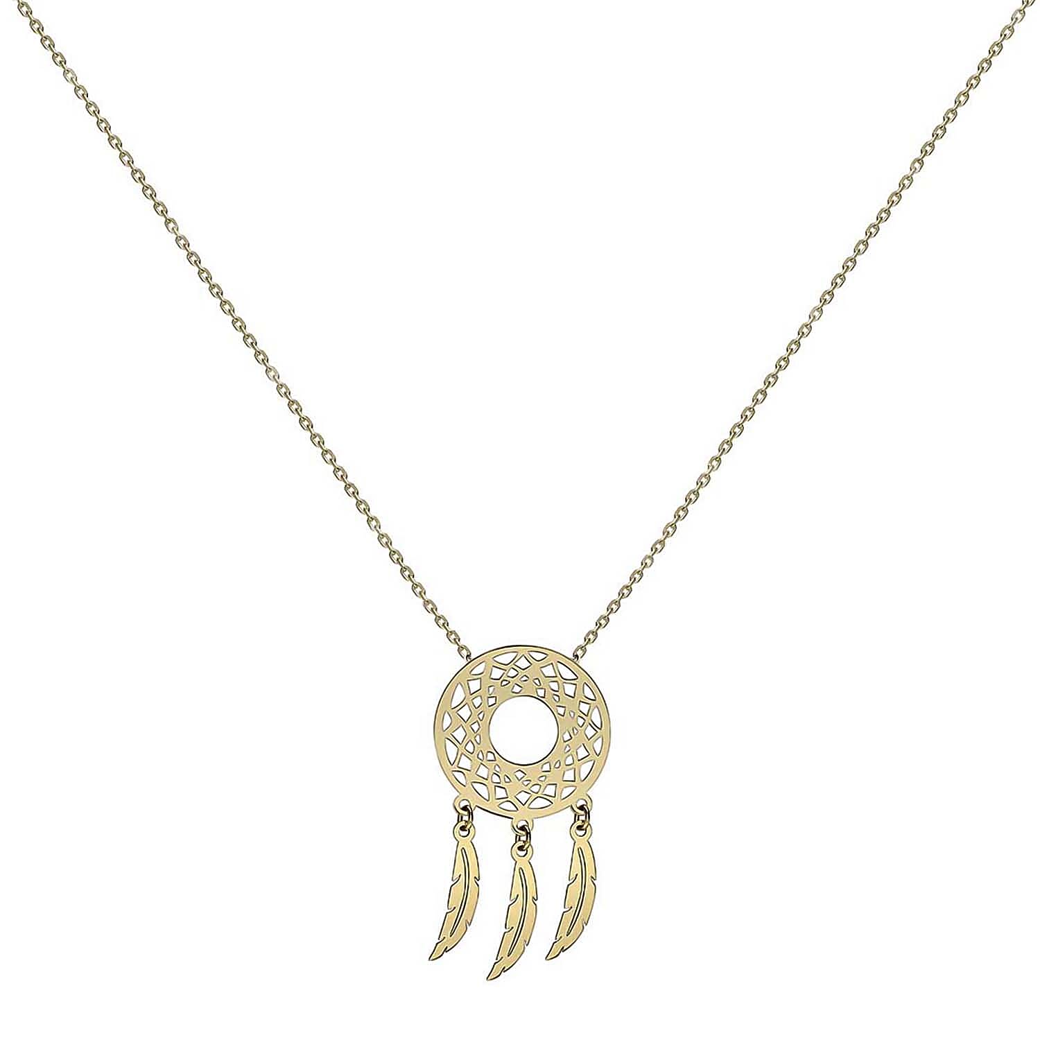 9K Yellow Gold 13.5mm x 26mm Circle Cutout Dream Catcher Necklace 16-18 Inch