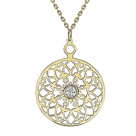 9K Yellow Gold Combodian Zircon 15mm Cutout Disc Adjustable Necklace 16-18 Inch