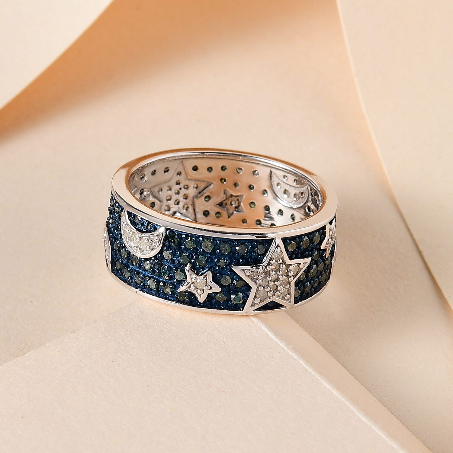 Designer Inspired -Blue Diamond and White Diamond Star Band Ring in Platinum Overlay Sterling Silver 1.00 Ct.