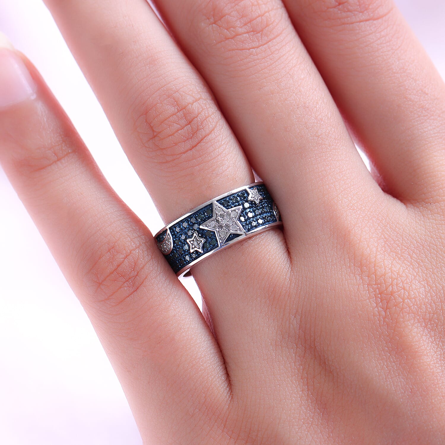 Designer Inspired -Blue Diamond and White Diamond Star Band Ring in Platinum Overlay Sterling Silver 1.00 Ct.