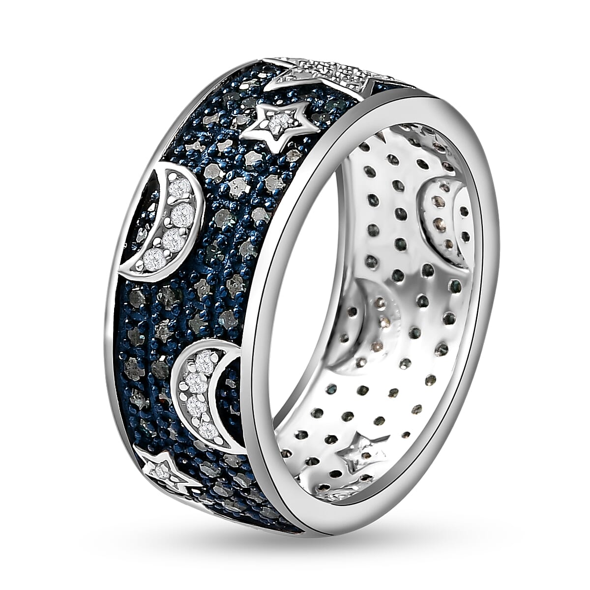 Designer Inspired -Blue Diamond and White Diamond Star Band Ring in Platinum Overlay Sterling Silver 1.00 Ct.