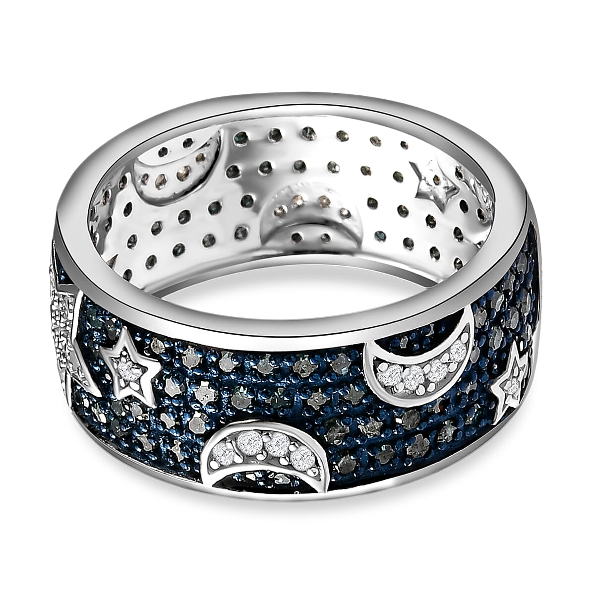 Designer Inspired -Blue Diamond and White Diamond Star Band Ring in Platinum Overlay Sterling Silver 1.00 Ct.