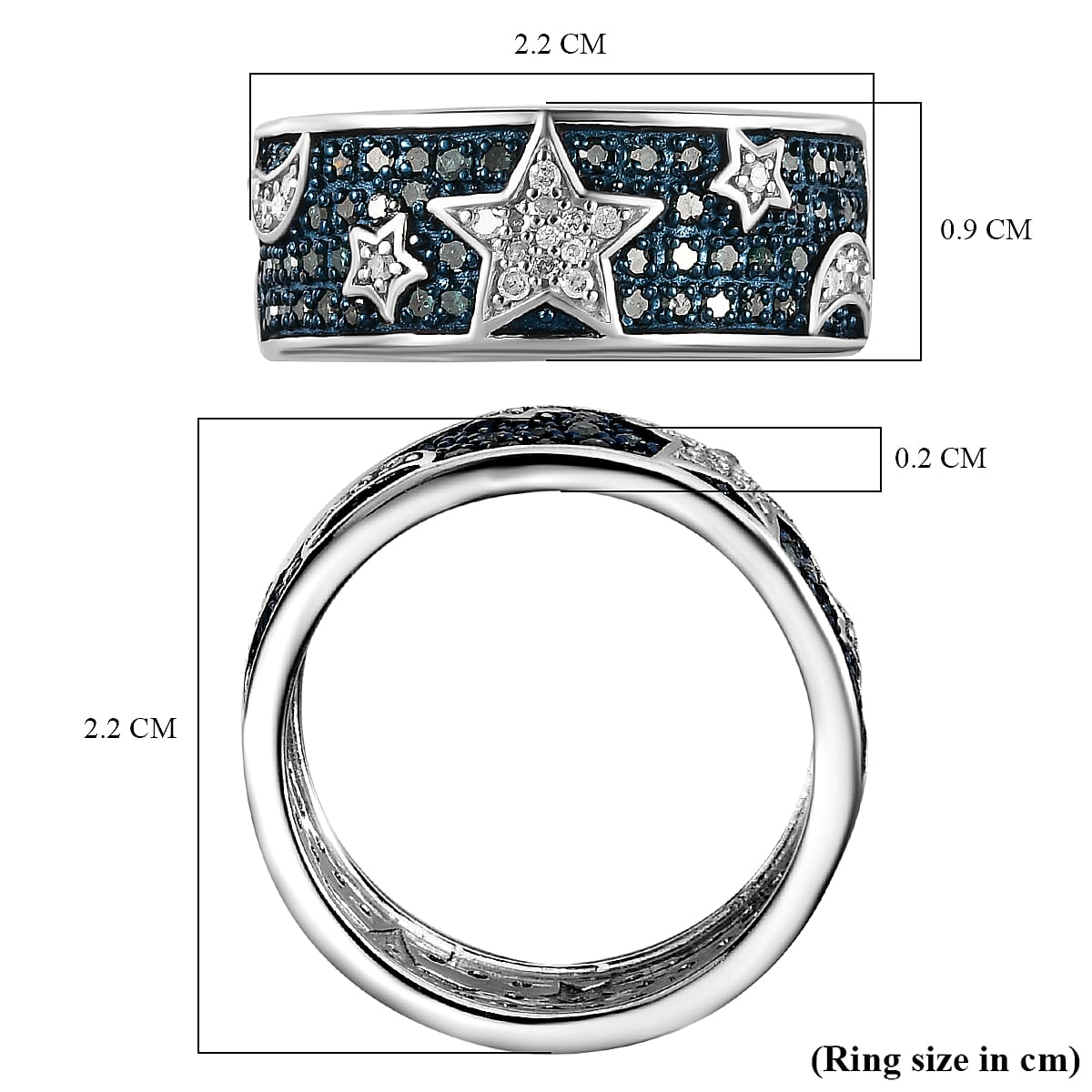 Designer Inspired -Blue Diamond and White Diamond Star Band Ring in Platinum Overlay Sterling Silver 1.00 Ct.