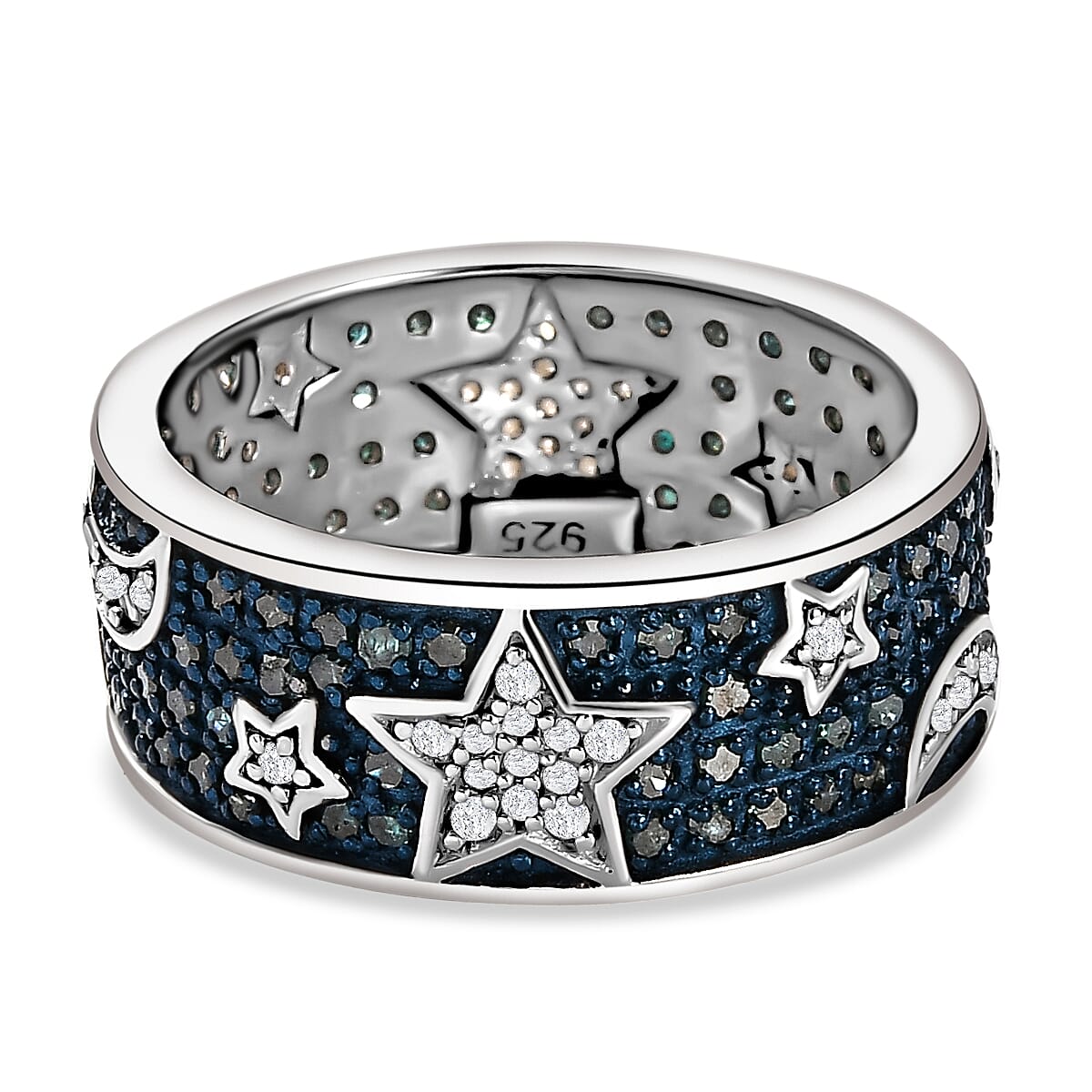 Designer Inspired -Blue Diamond and White Diamond Star Band Ring in Platinum Overlay Sterling Silver 1.00 Ct.