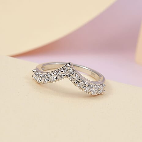 Moissanite Wishbone Ring in Platinum Overlay Sterling Silver
