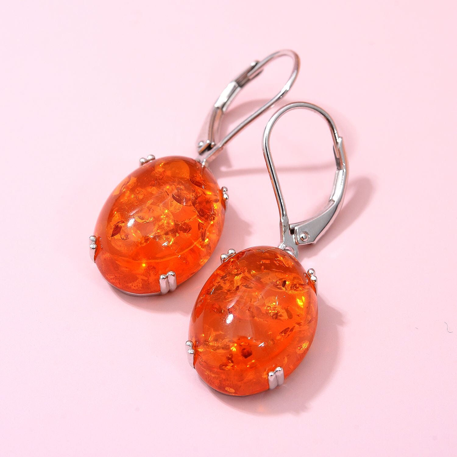 Baltic Amber Earrings (With Lever Back) in Rhodium Overlay Sterling Silver