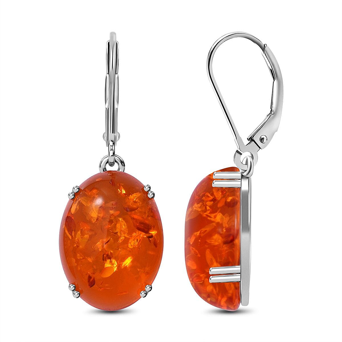 Baltic Amber Earrings (With Lever Back) in Rhodium Overlay Sterling Silver