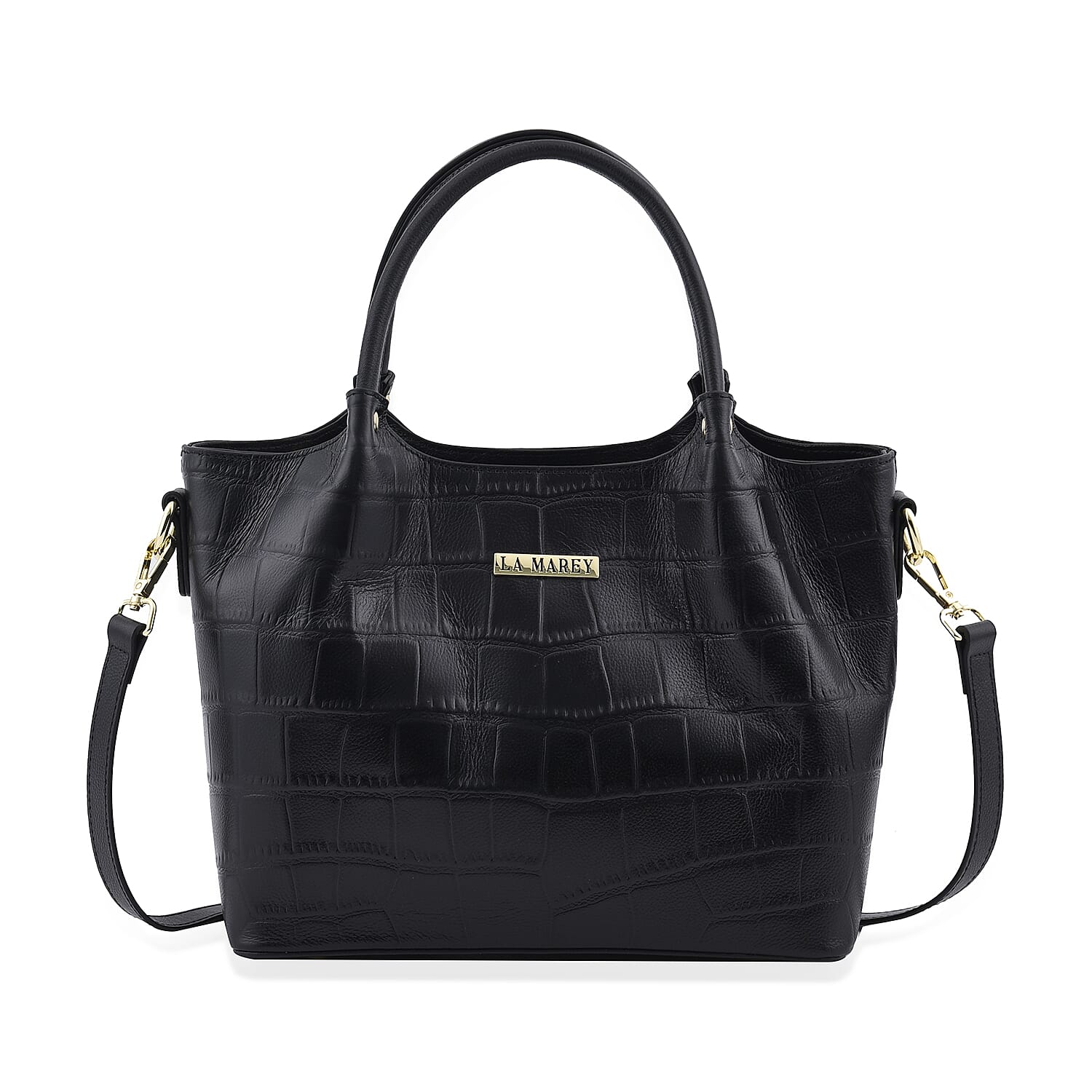 LA MAREY Genuine Leather Croc Embossed Convertible Bag with Detachable Strap - Black