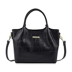 LA MAREY Genuine Leather Croc Embossed Convertible Bag with Detachable Strap - Black