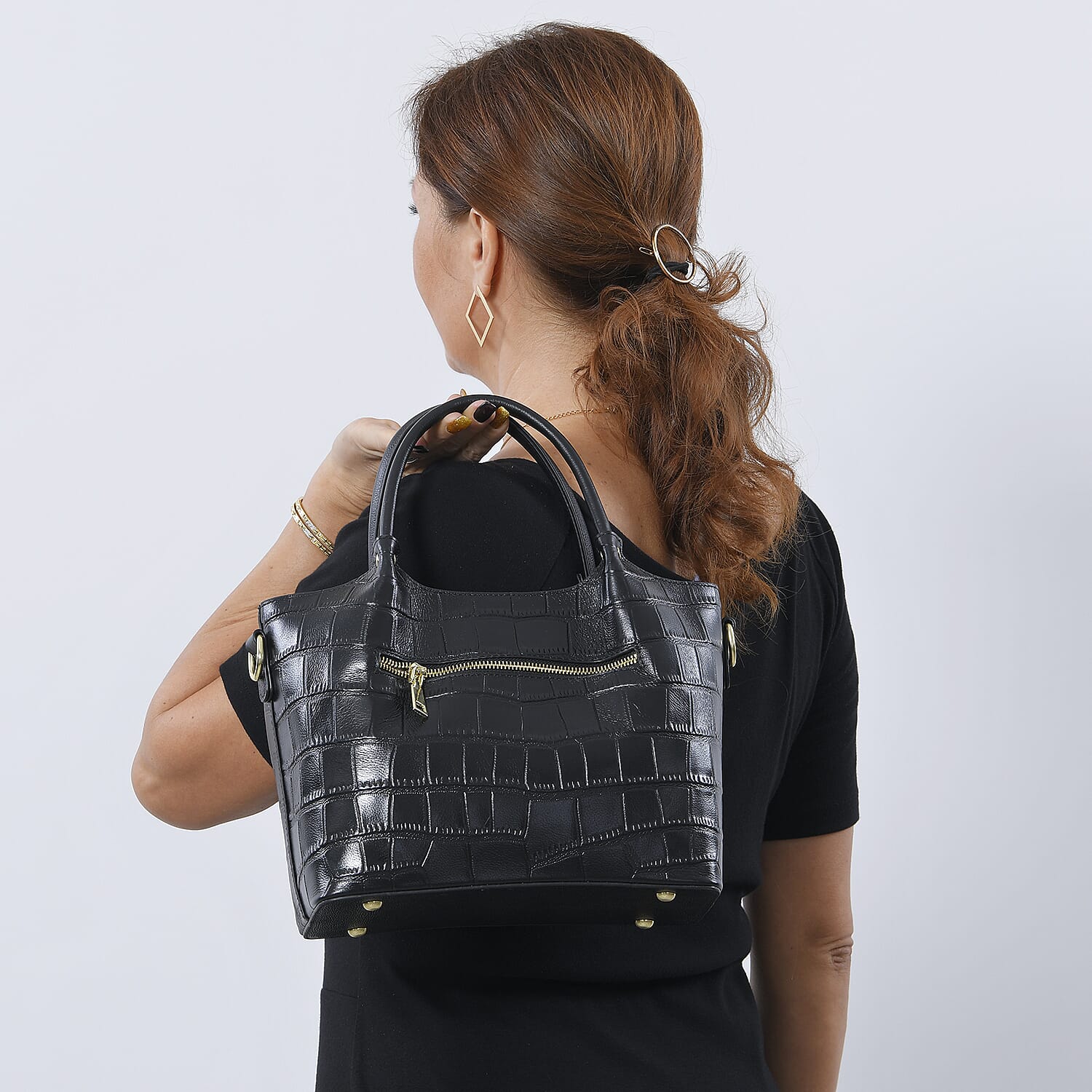 LA MAREY Genuine Leather Croc Embossed Convertible Bag with Detachable Strap - Black