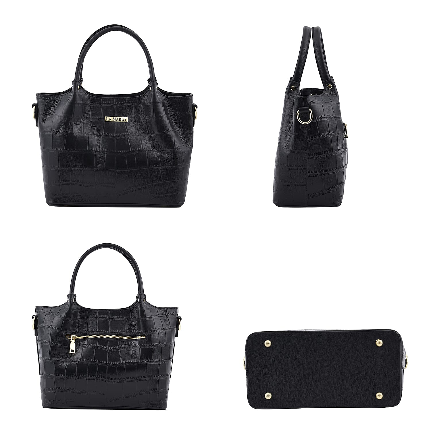 LA MAREY Genuine Leather Croc Embossed Convertible Bag with Detachable Strap - Black