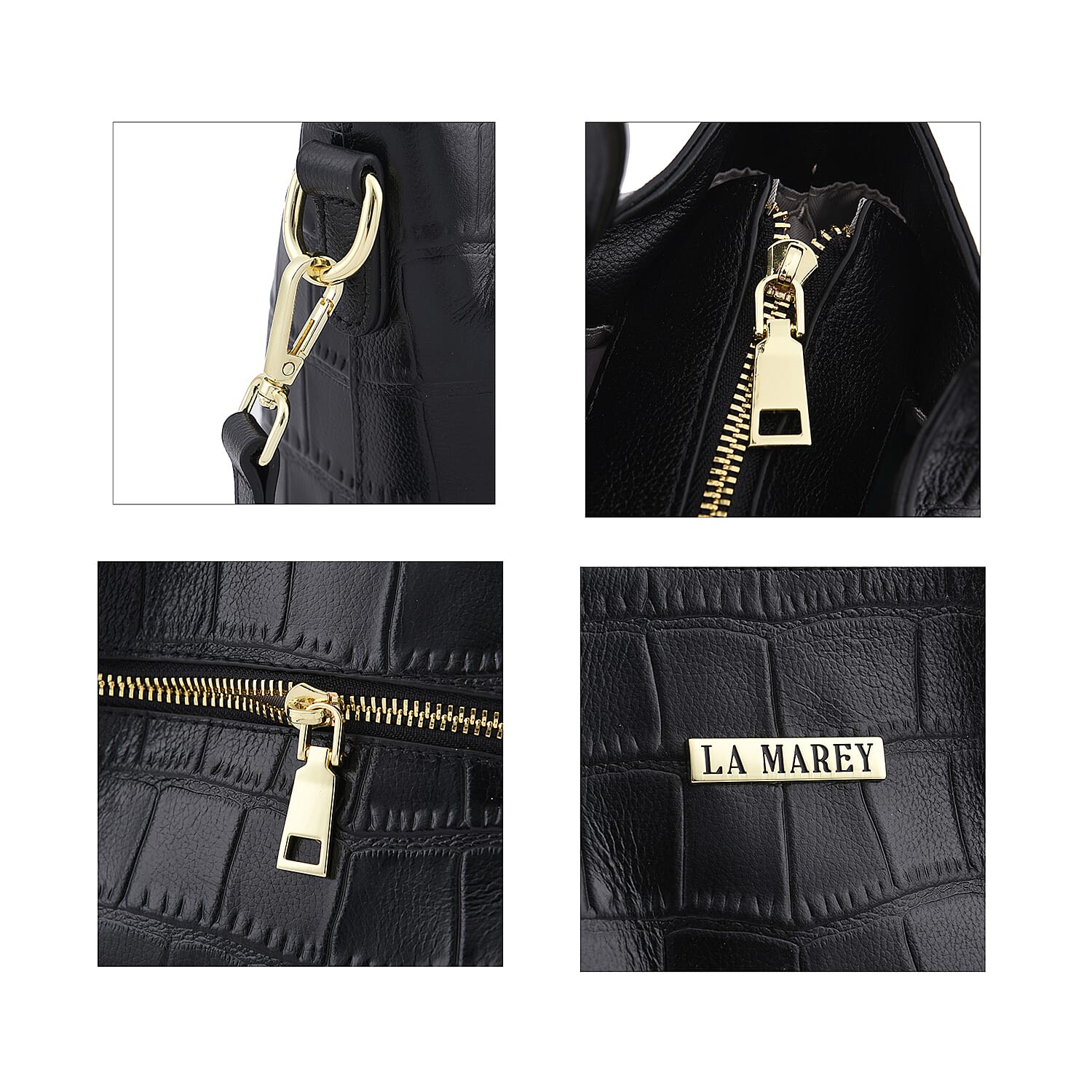 LA MAREY Genuine Leather Croc Embossed Convertible Bag with Detachable Strap - Black