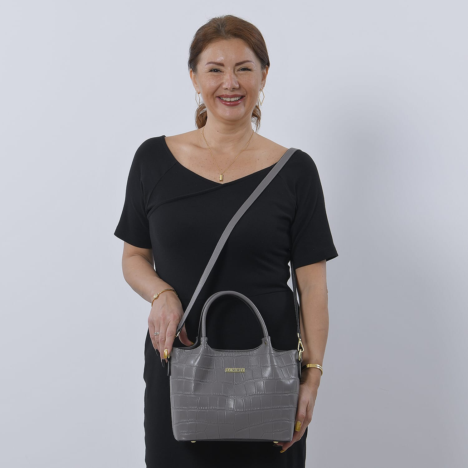 LA MAREY 100% Genuine Leather Croc Embossed Convertible Bag with Detachable Strap (Size 26x21x13 Cm) - Grey