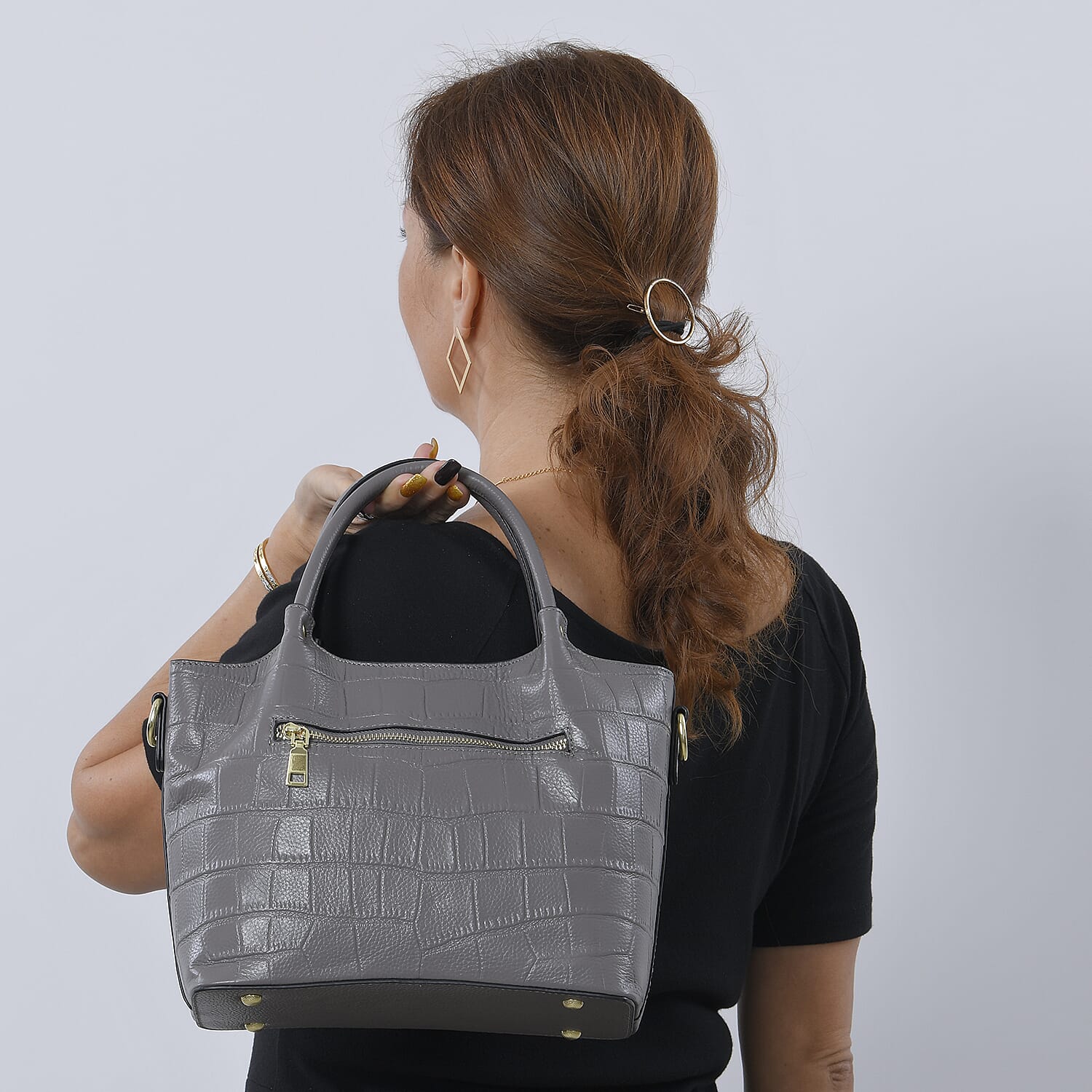 LA MAREY 100% Genuine Leather Croc Embossed Convertible Bag with Detachable Strap (Size 26x21x13 Cm) - Grey